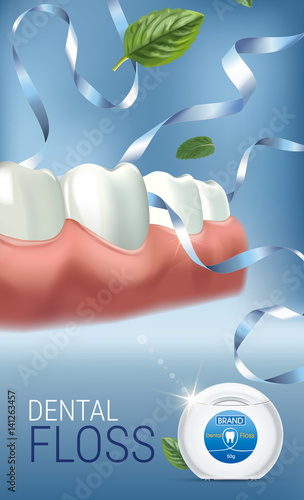 Dental floss ads. Vector 3d Illustration with tooth floss.