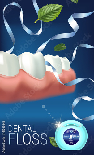 Dental floss ads. Vector 3d Illustration with tooth floss.