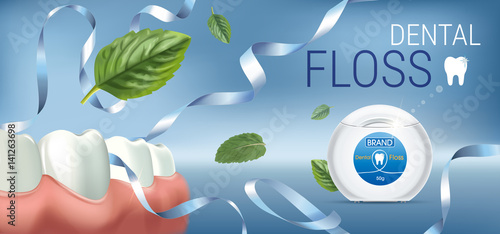 Dental floss ads. Vector 3d Illustration with tooth floss.