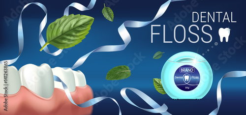 Dental floss ads. Vector 3d Illustration with tooth floss.