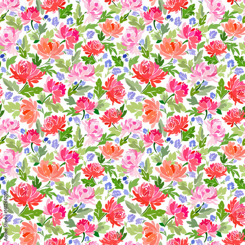 Seamless pattern with colorful flowers peonies, bright floral ornament. © Tetiana