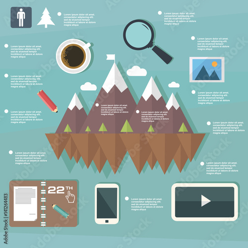 Illustration island technologies, mountains, business infographic on flat design