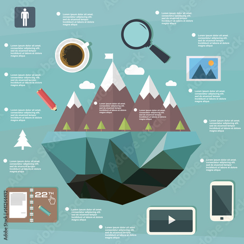 Illustration island technologies, mountains, business infographic on flat design