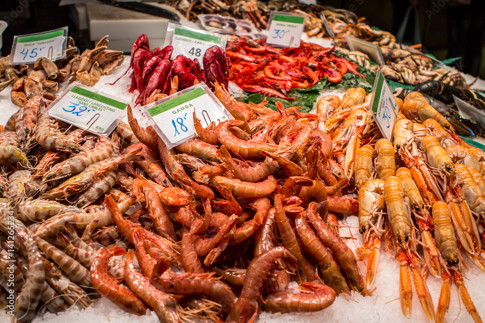 Fresh seafoods at the market in Barcelona