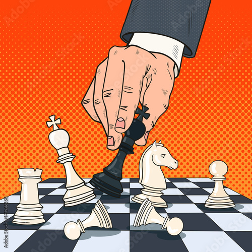 Pop Art Hand of Businessman Holding Chess Figure. Business Strategy Concept. Vector illustration