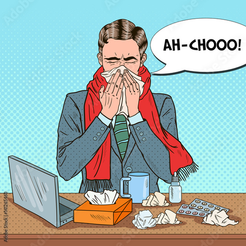 Pop Art Businessman Sneezing at Office Work. Man with Tissue. Vector illustration
