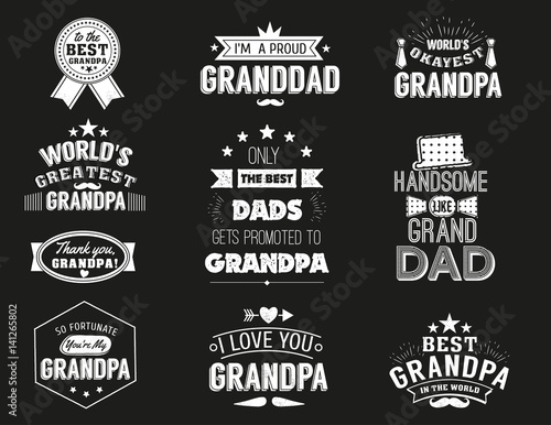 Isolated Grandfathers quotes on the black background. Grandpa congratulation label, badge vector collection. Granddads Mustache, hat, stars elements for your design.