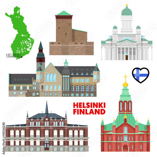 Helsinki Travel Set with Architecture. Visit Finland. Vector illustration