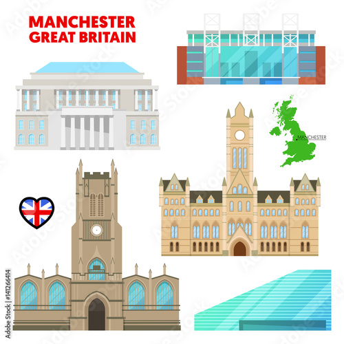 Manchester Travel Set with Architecture. Visit Great Britain. Vector illustration