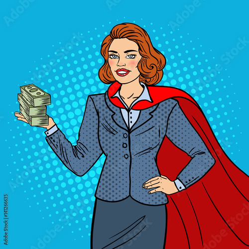 Pop Art Super Businesswoman in Red Cape with Money. Business Success. Vector illustration
