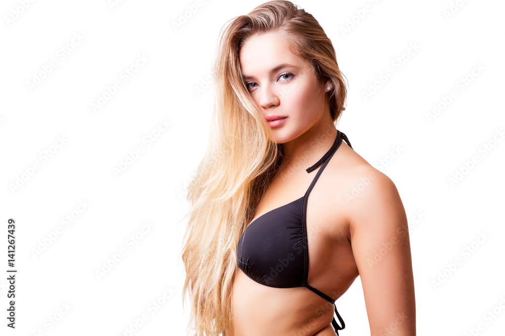 Fototapeta premium Sexy beautiful blonde in swimwear on white background