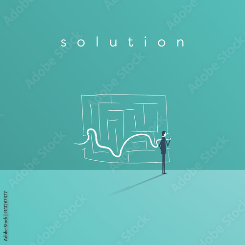 Business solution and success concept vector symbol with businessman drawing line through maze or labyrinth.