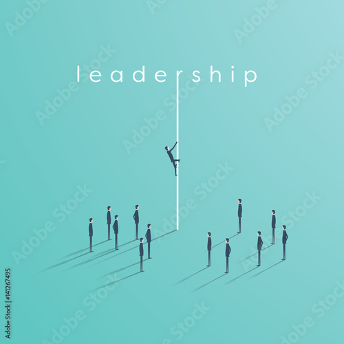 Business leadership vector concept with business man climbing on a rope in front of team.