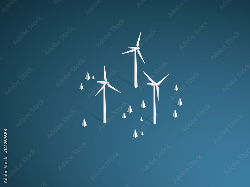 Wind turbine farm in forest background landscape vector. Ecology and sustainable, renewable, alternative power source symbol. Wind turbine farm in forest background landscape vector. Ecology and sustainable, renewable, alternative power source symbol.
