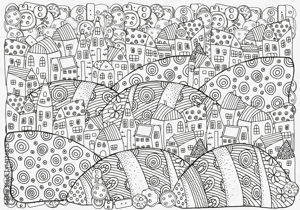 Pattern for coloring book with houses.