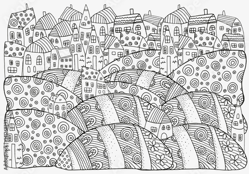 Pattern for coloring book with houses.