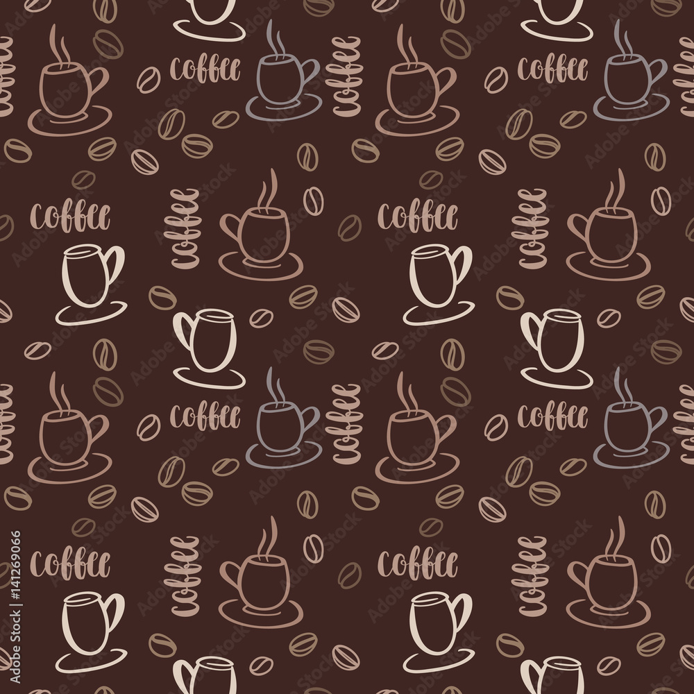 Pattern with illustration of cups and coffee beans