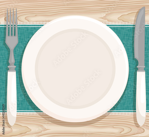 Table setting for dinner. Vector illustration with a plate, knife, fork, tablecloth on wooden table. Top view. 