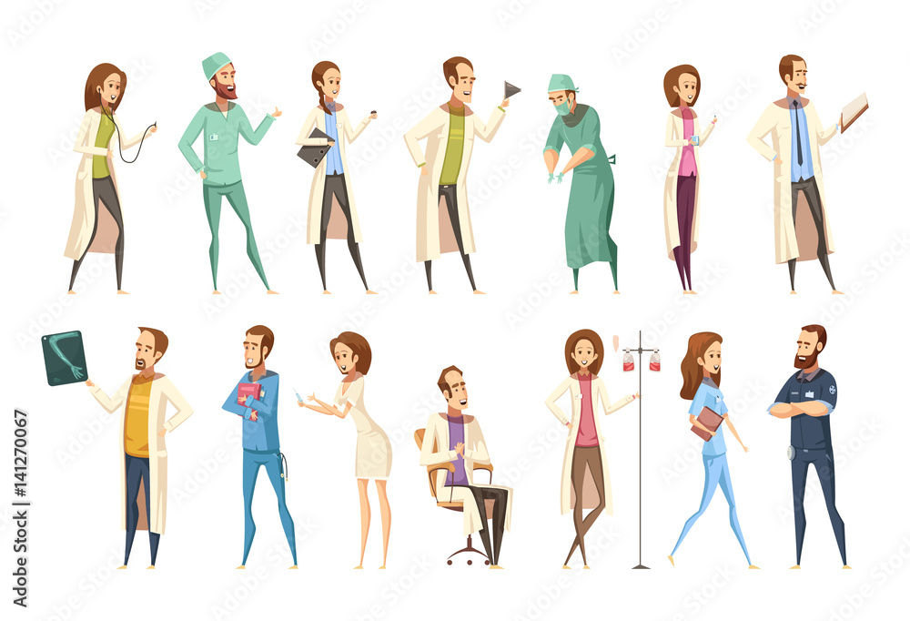 Nurse Characters Set Cartoon Retro Style