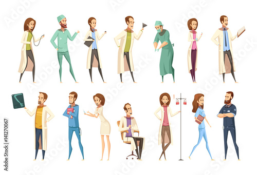 Nurse Characters Set Cartoon Retro Style