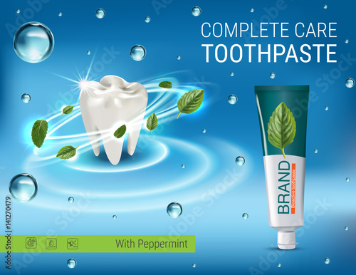 Antibacterial toothpaste ads. Vector 3d Illustration with toothpaste and mind leaves.