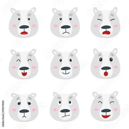 Vector set with polar bear emotion faces isolated on white.