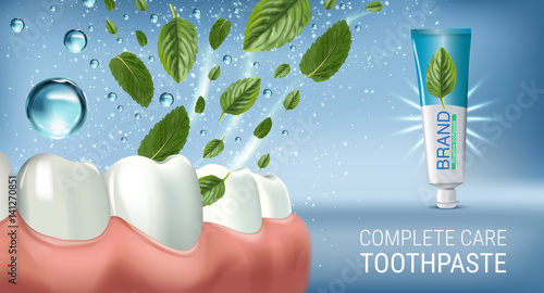 Antibacterial toothpaste ads. Vector 3d Illustration with toothpaste and mind leaves.