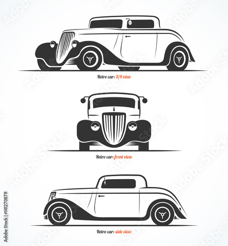 Set of hot rod or vintage custom sports car silhouettes. Front, side and three quarter view. Vector background