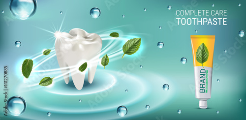 Antibacterial toothpaste ads. Vector 3d Illustration with toothpaste and mind leaves.