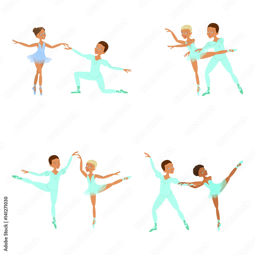 Set of Cute little boy and girl ballet dancers collection. Character of male and female dancing pair. Isolated Vector illustration eps 10