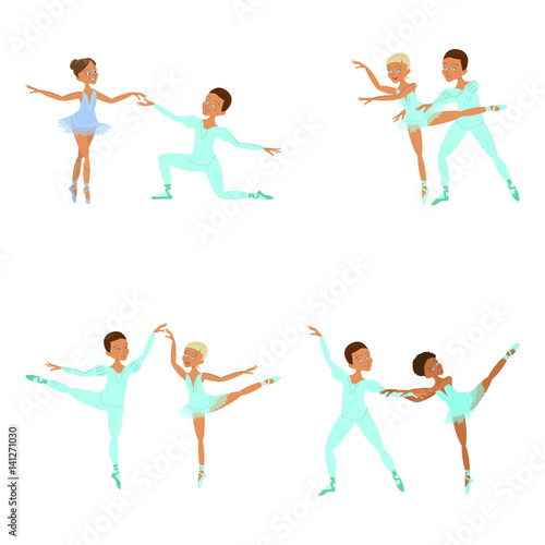 Set of Cute little boy and girl ballet dancers collection. Character of male and female dancing pair. Isolated Vector illustration eps 10