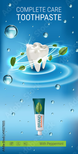 Antibacterial toothpaste ads. Vector 3d Illustration with toothpaste and mind leaves.
