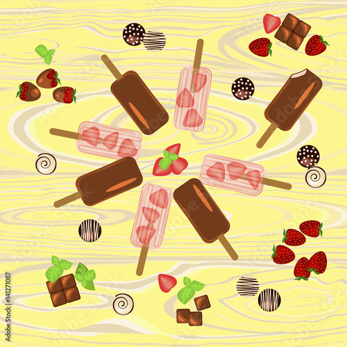 Homemade popsicles with berries chocolate fruits on wooden background. Top view vector illustration eps 10