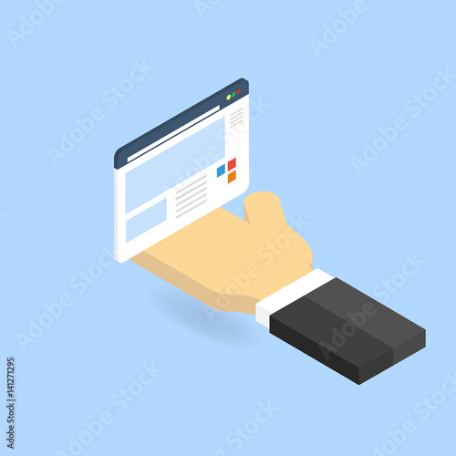 Hand and website page. The concept of site management. Vector illustration .