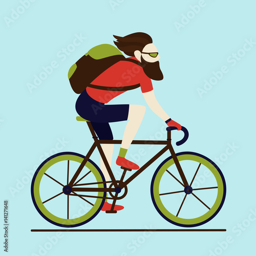 Bicycle delivery messenger courier bearded hipster male character with backpack wearing shorts and t-shirt. Urban logistics transportation. Isolated cyclist on blue background.