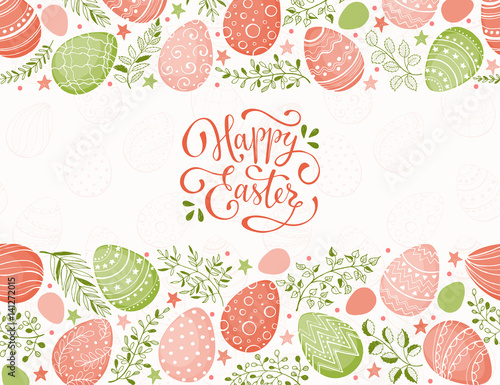 Easter eggs composition hand drawn black on white background. Decorative horizontal stripe from eggs with  doodle leaves.