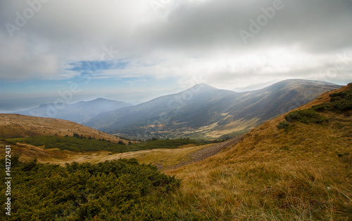 Mountains are covered with various vegetation and the cloudy sky. Carpathians © DmyTo
