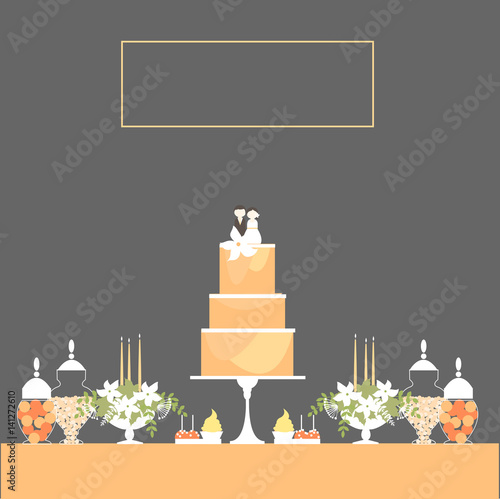 Candy Buffet with cake and flowers. Wedding dessert bar . Vector illustration.