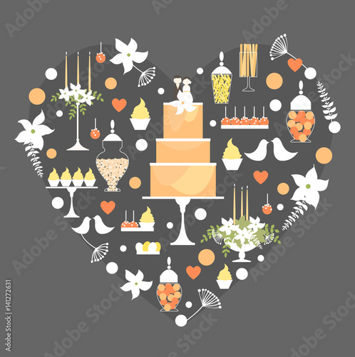 Candy Buffet with cake and flowers.  Dessert bar  in frame with heart. Vector illustration.
