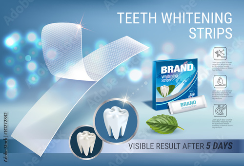 Professional Whitening Stripes ads. Vector 3d Illustration with dental bleaching whiter and mint.