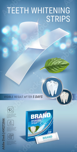 Professional Whitening Stripes ads. Vector 3d Illustration with dental bleaching whiter and mint.