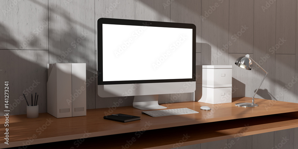 Fototapeta premium Modern dark desk office interior with computer and devices 3D rendering
