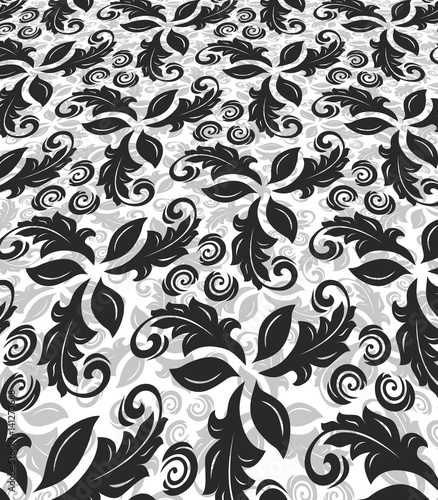 Floral vector black and white pattern with arabesques. Abstract oriental ornament. Vintage classic pattern