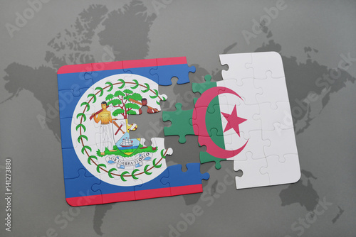 puzzle with the national flag of belize and algeria on a world map