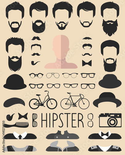 Vector set of dress up constructor with different men hipster haircuts, glasses, beard etc. App man faces icon creator.