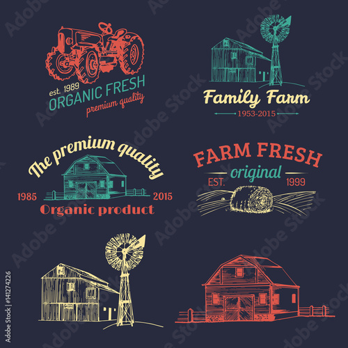 Vector set of farm fresh logotypes. Bio products badges collection. Vintage hand sketched agricultural equipment icons.