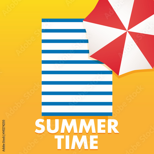 Summer time poster template with umbrella, sand beach towel