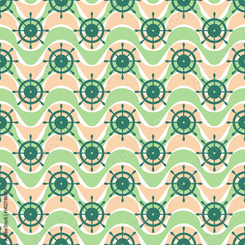Vector seamless pattern with steering wheel, waves. Symmetrical green background, nautical theme. Graphic illustration. Template for wrapping, backgrounds, fabric, prints, decor, surface