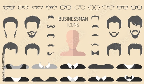 Vector set of dress up constructor with different businessman glasses, beard etc. in flat style. Male faces icon creator