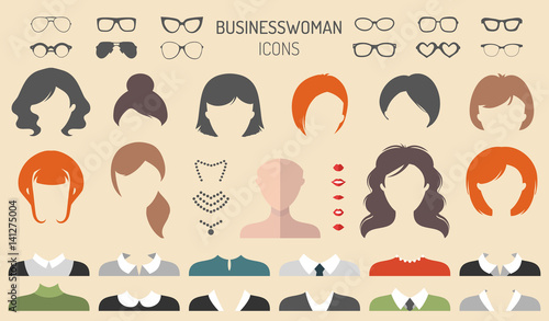 Vector set of dress up constructor with businesswoman haircuts, lips etc. in flat style. Female faces icon creator.